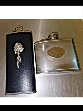 Black Leather & Silver Floral Flask - Silver Flask Lot Of 2.